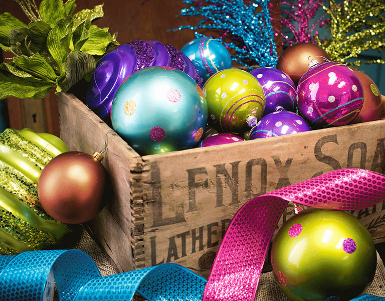 Photograph of ornaments in a box