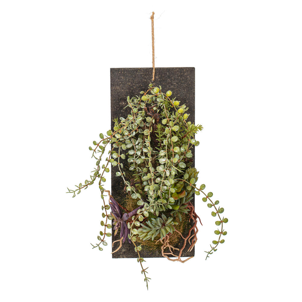 25" Green Mixed Plants on Wooden Plaque