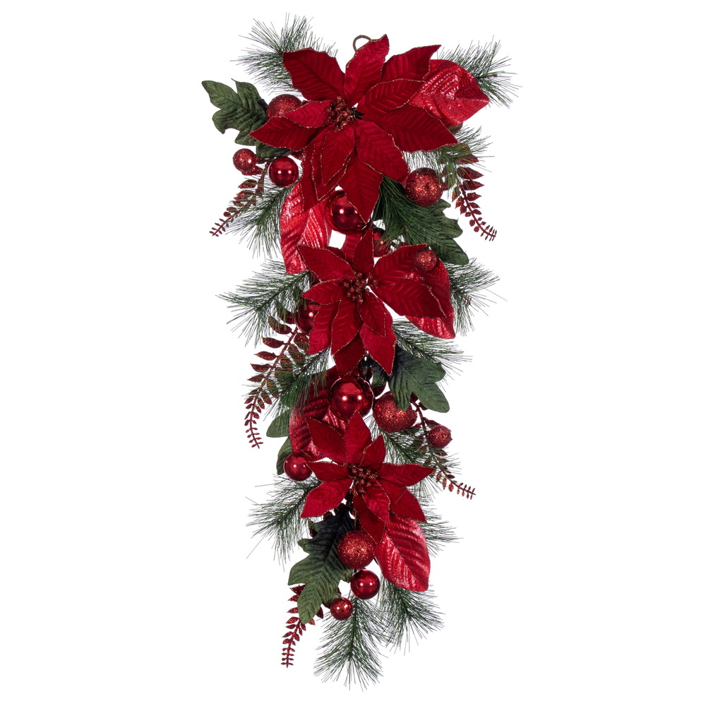 Vickerman Poinsettia Ball and Fern Decorated Teardrop
