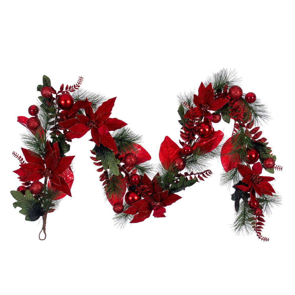 Vickerman Poinsettia Ball and Fern Decorated Garland