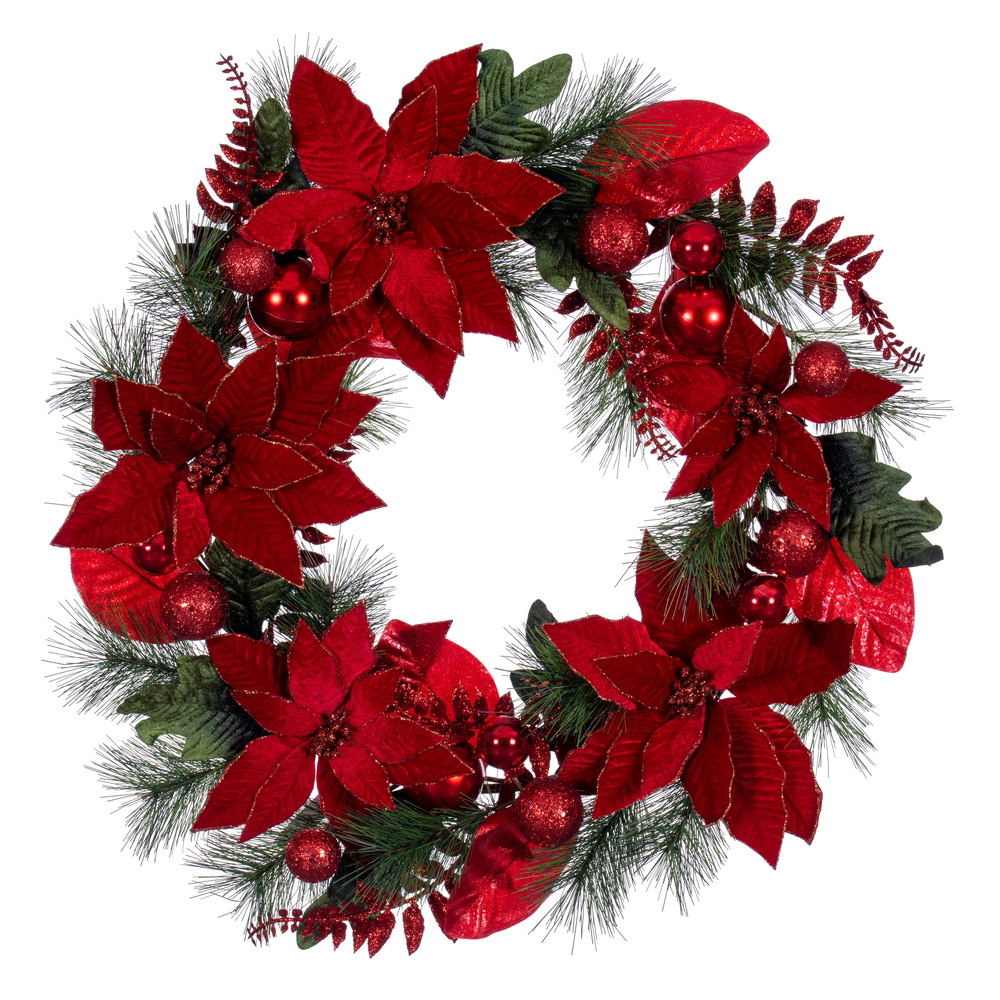 Vickerman Poinsettia Ball and Fern Decorated Wreath