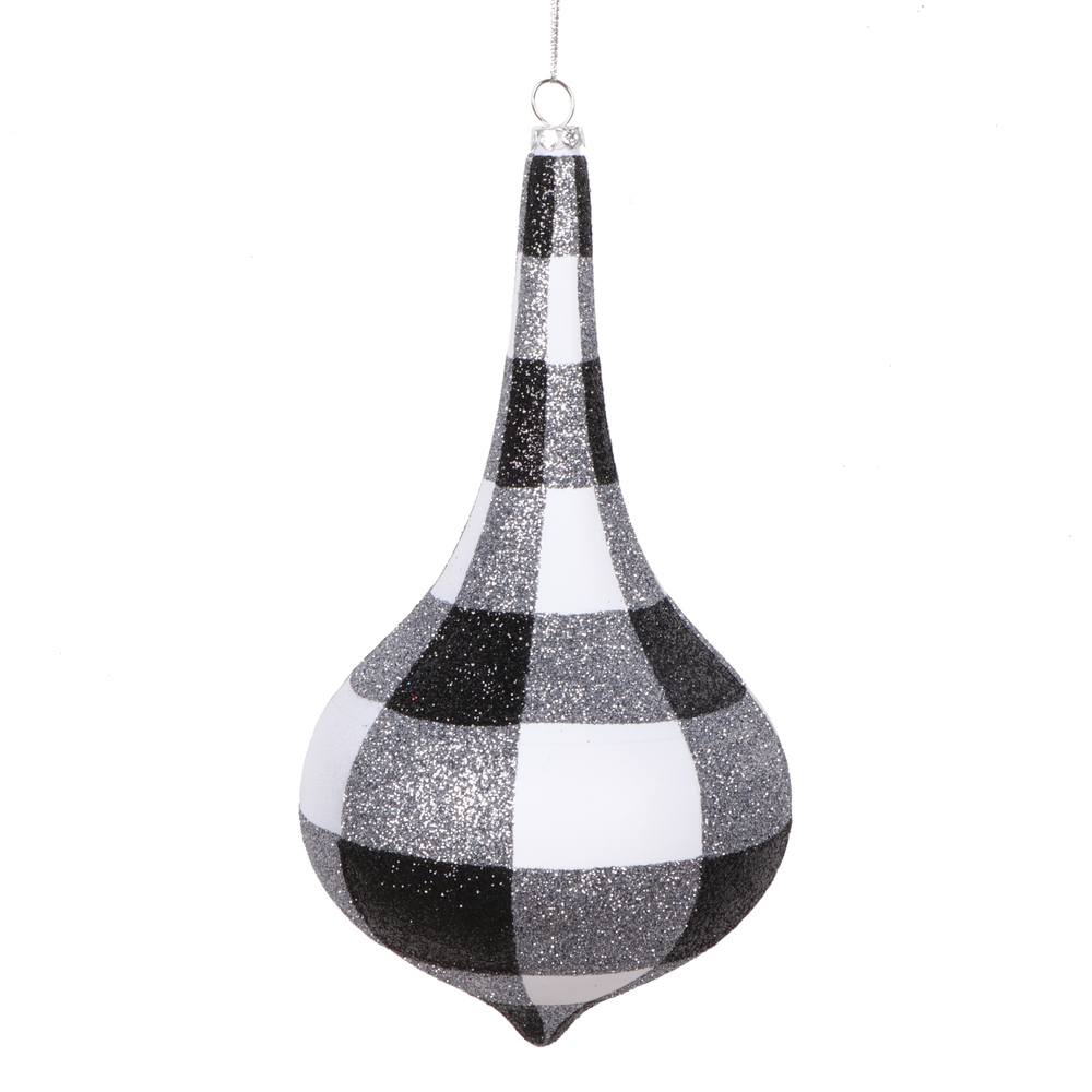 Vickerman White Black Plaid Glitter Drop Ornament