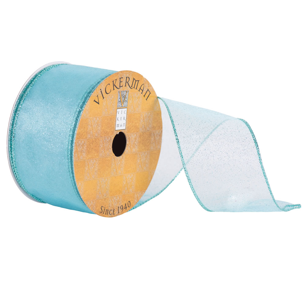 2.5"x10yd Aqua Sheer Glitter Wired