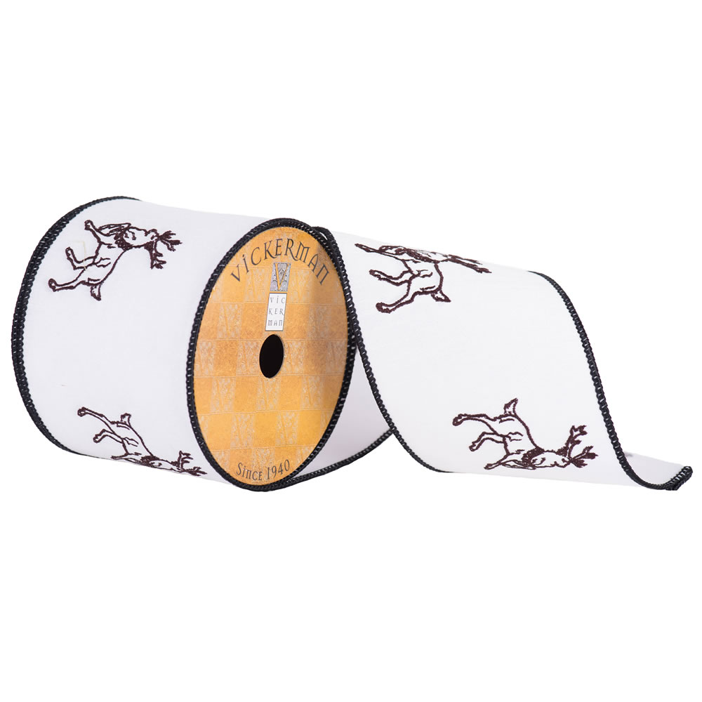 4"x10yd White Tan Embroidered Reindeer