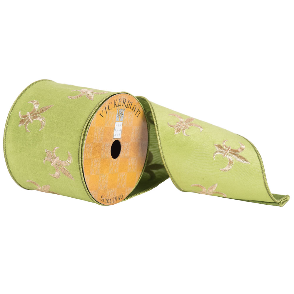 4"x10yd Green Gold Embr Fleur-de-lis