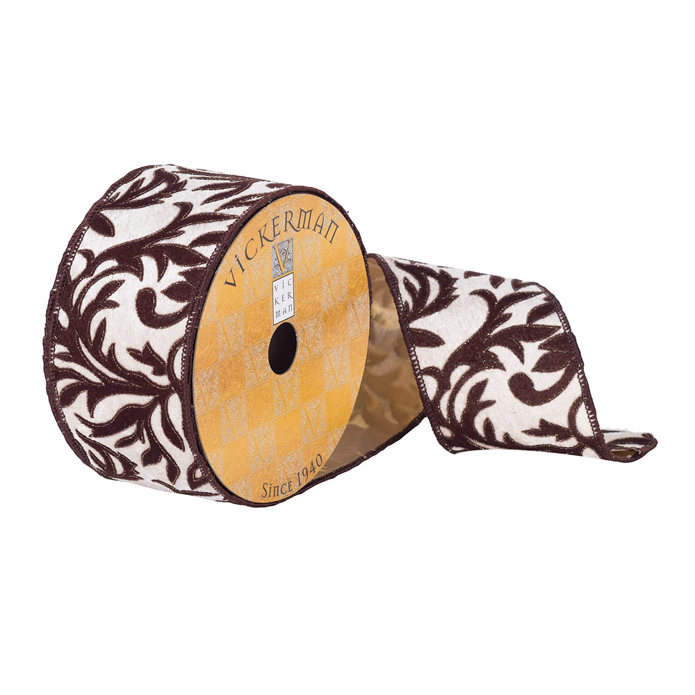 2.5"x10yd Ivory Dark Brown Herati Ribbon