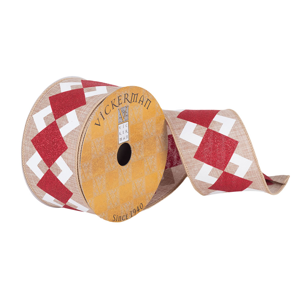 2.5"x10yd Tan Ribbon Red/White Diamonds