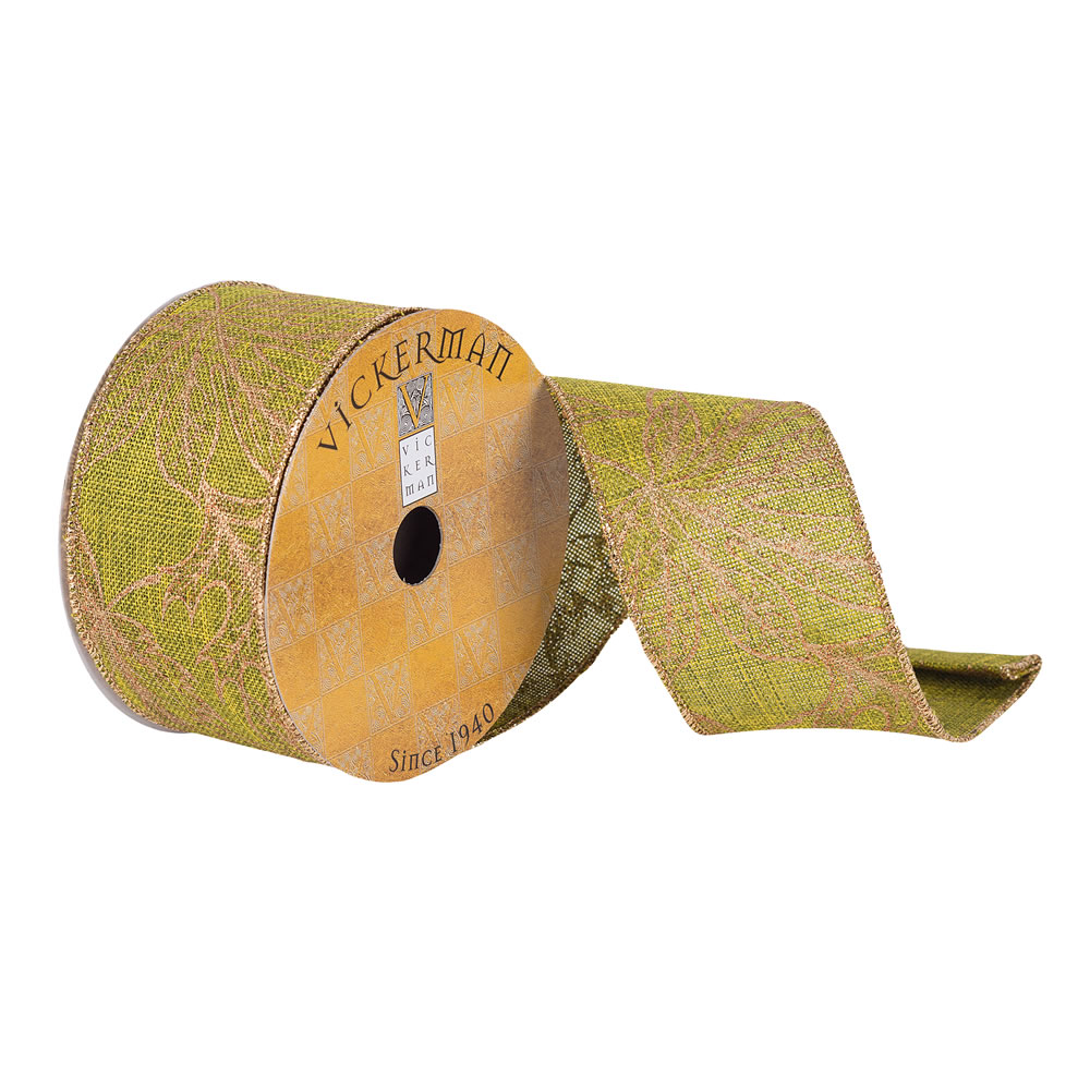 Vickerman 2.5" x 10yd Dupion Gold Leaves Christmas Ribbon