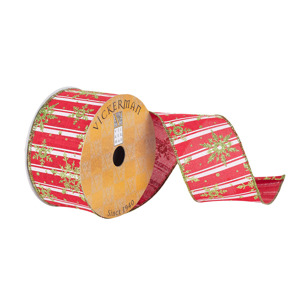 2.5"x10yd Red/White Stripe Green Glitter