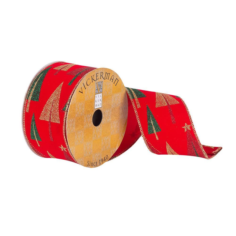 2.5"x10yd Red Velvet Gld/Grn Glitt Trees