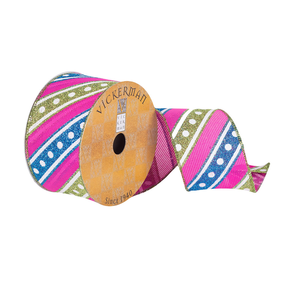 2.5"x10yd Fuchsia/Blue/Green Stripe Dots