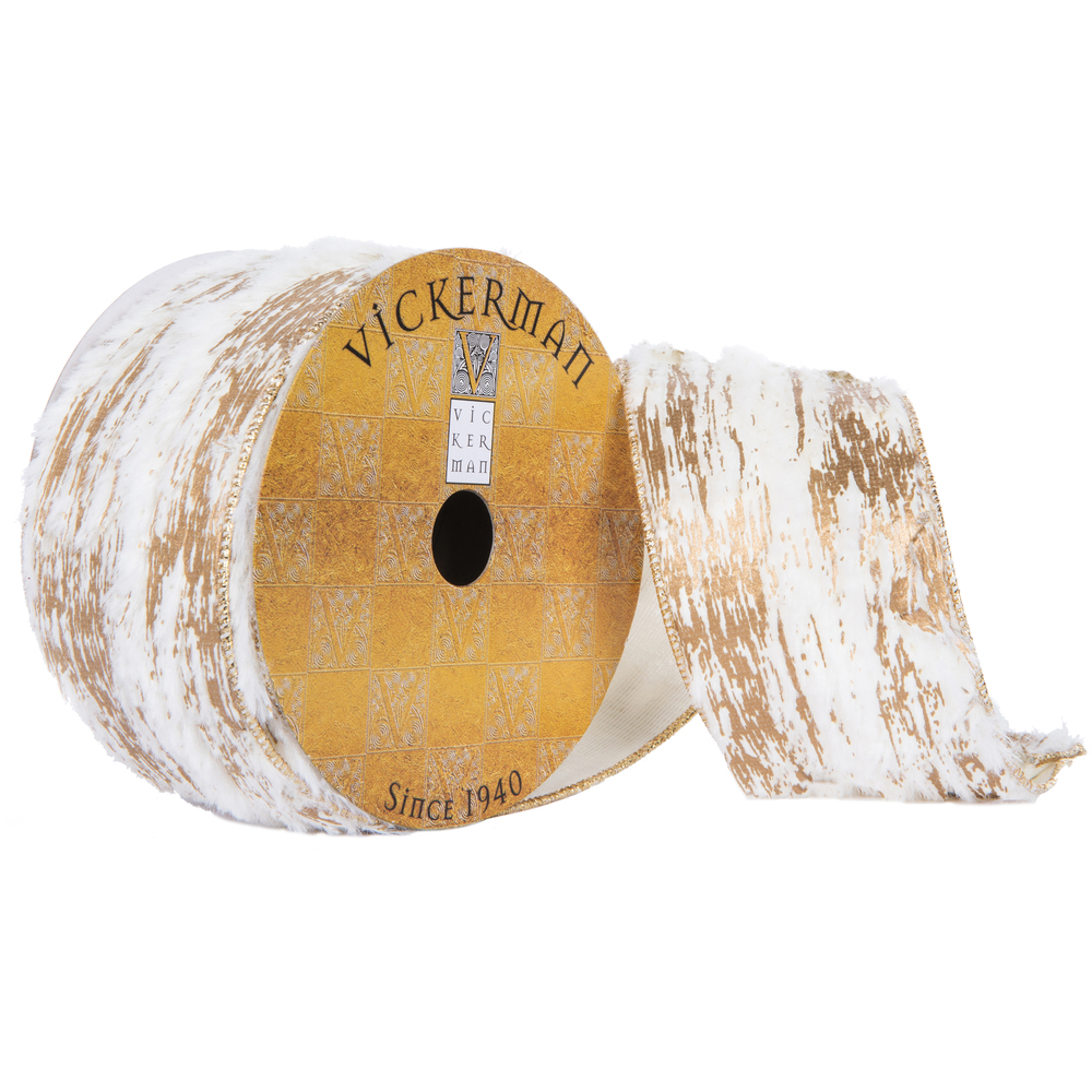 2.5"x10yd Ivory Faux Fur Gold Encrusted