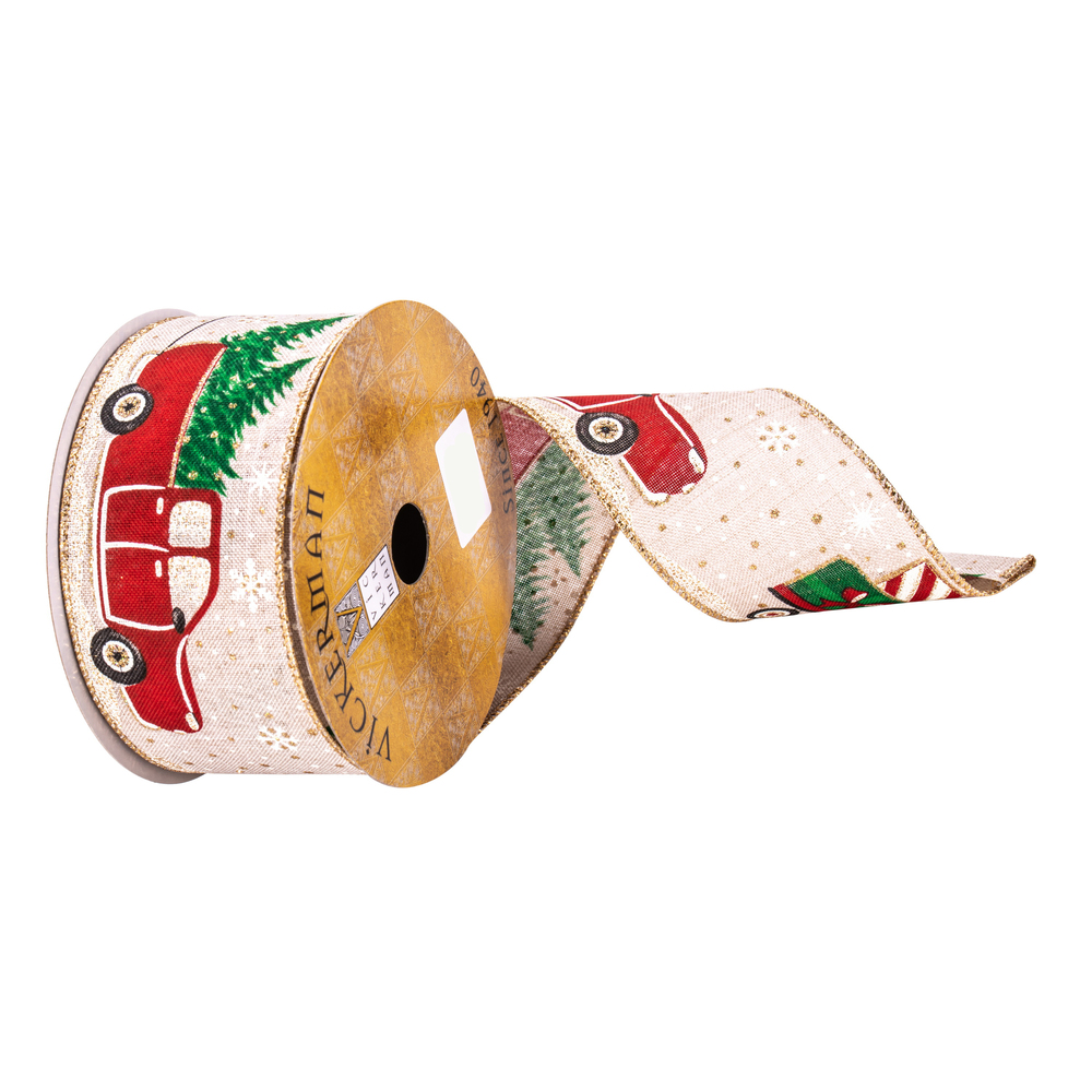 2.5"x10yd Red/Green/Beige Wagon Ribbon
