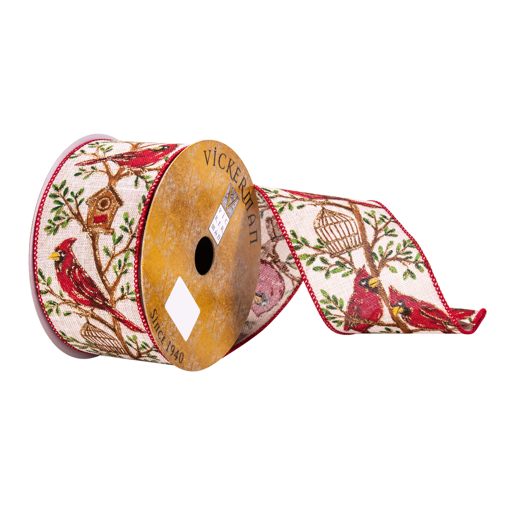 2.5"x10yd Cream Red Robins Cage Ribbon