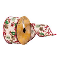 2.5"x10yd Cream Pinecone Holly Ribbon