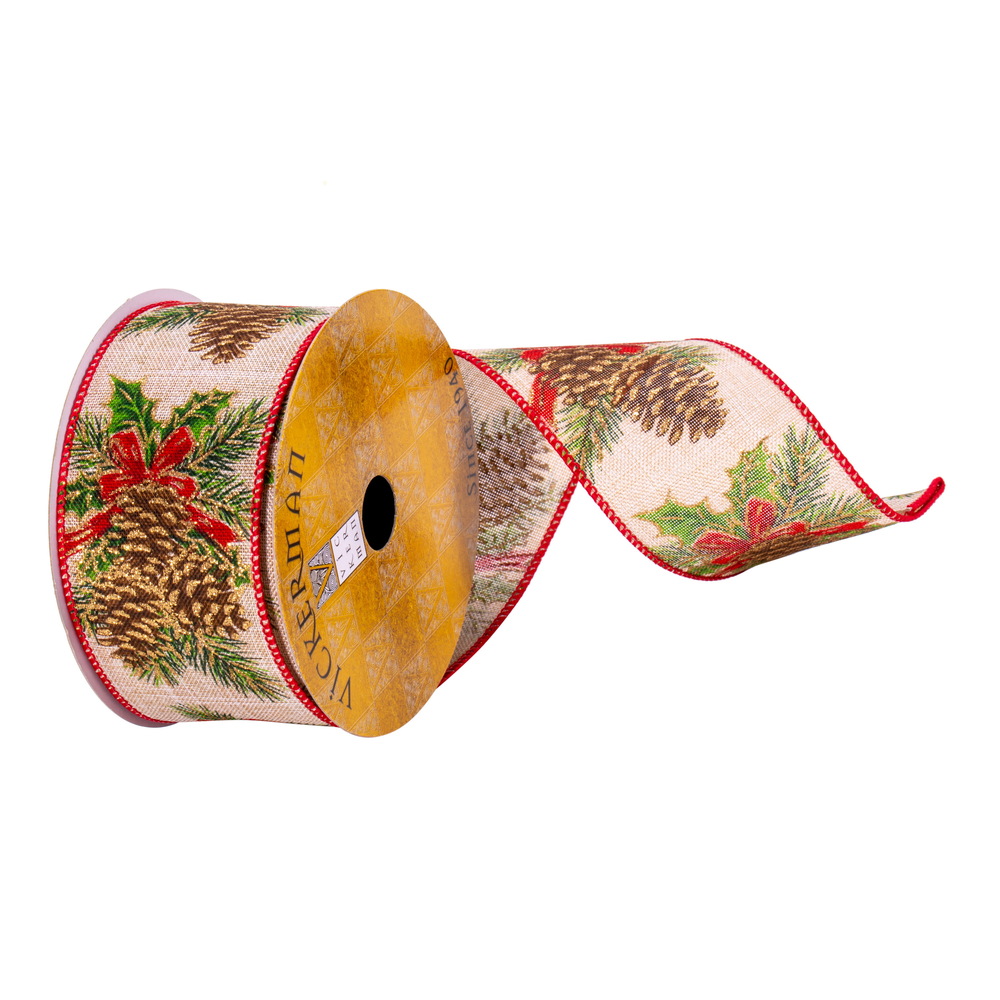 2.5"x10yd Cream Pinecone Red Bow Ribbon