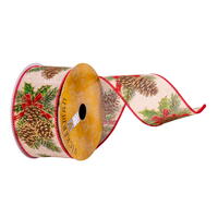 2.5"x10yd Cream Pinecone Red Bow Ribbon