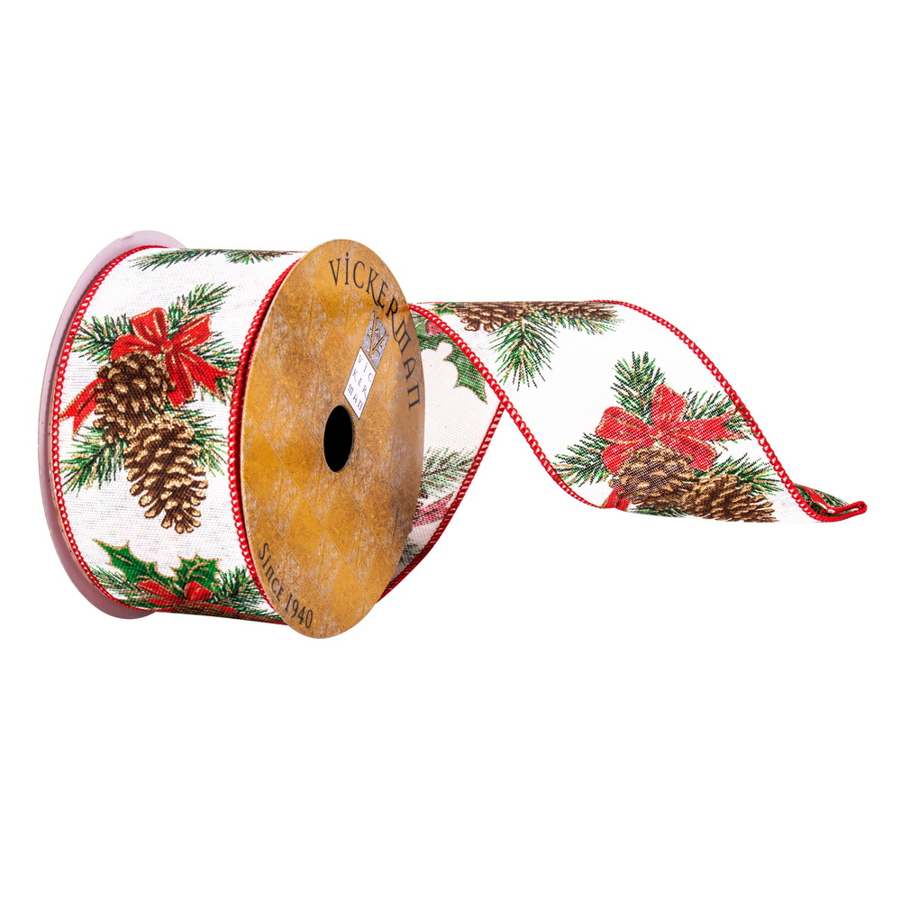 2.5"x10yd White Pinecone Red Bow Ribbon