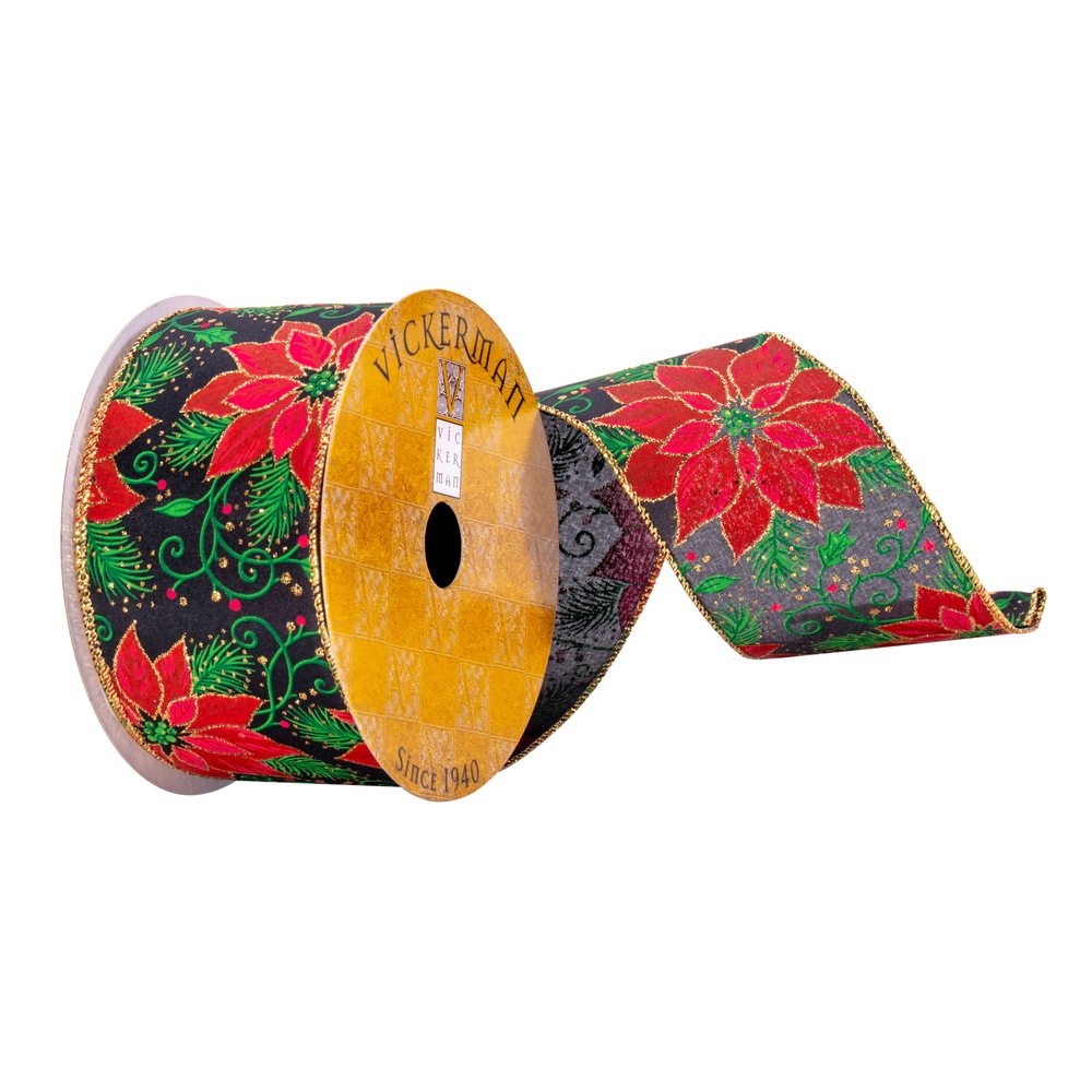 2.5"x10yd Navy/ Red Poinsettia Ribbon