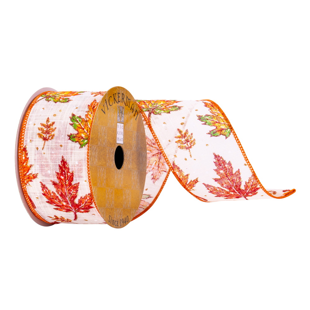 2.5"x10yd White Fall Leaves Ribbon