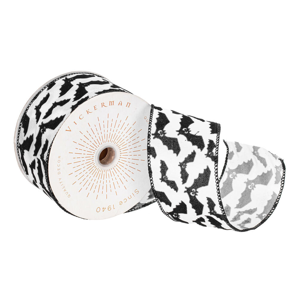 2.5"x10yd White Black Velvet Bats Ribbon