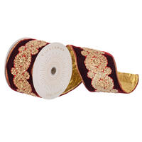 4"x5yd Wine Velvet Ribbon Gold Sequin