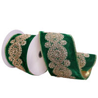 4"x5yd Emerald Velvet Ribbon Gold Sequin