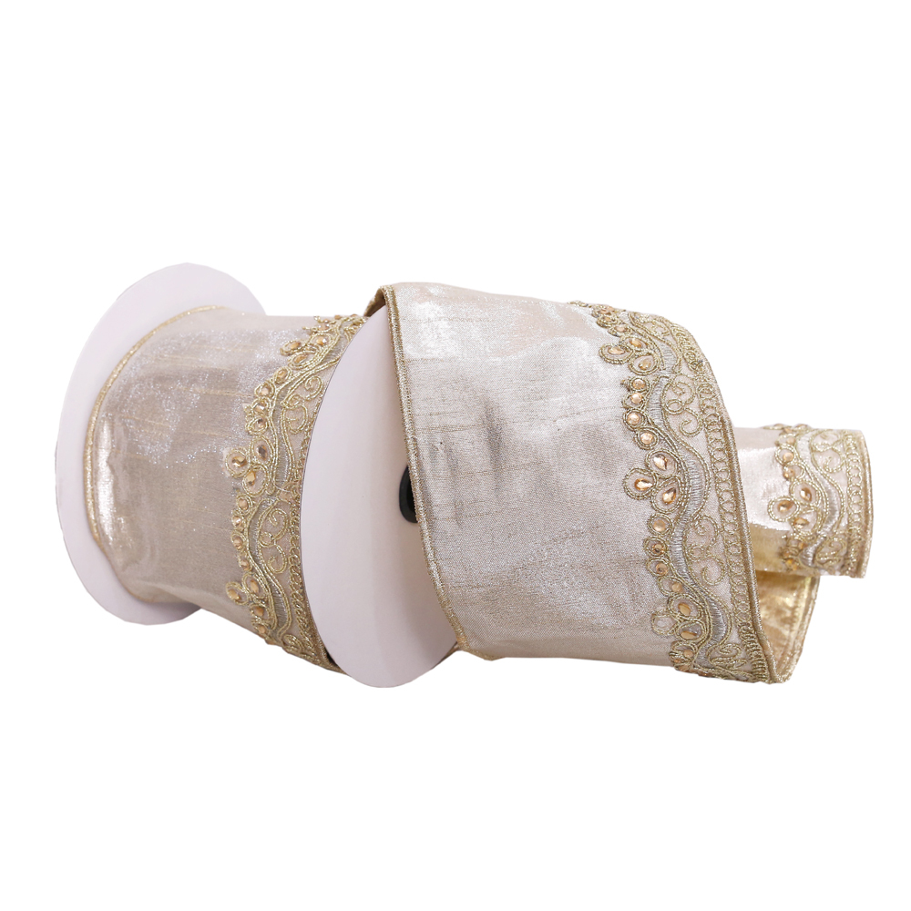 Vickerman Gold Embroidery One Sided Wired Edge Christmas Ribbon