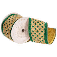 4"x5yd Green with Gold Jeweled Ribbon