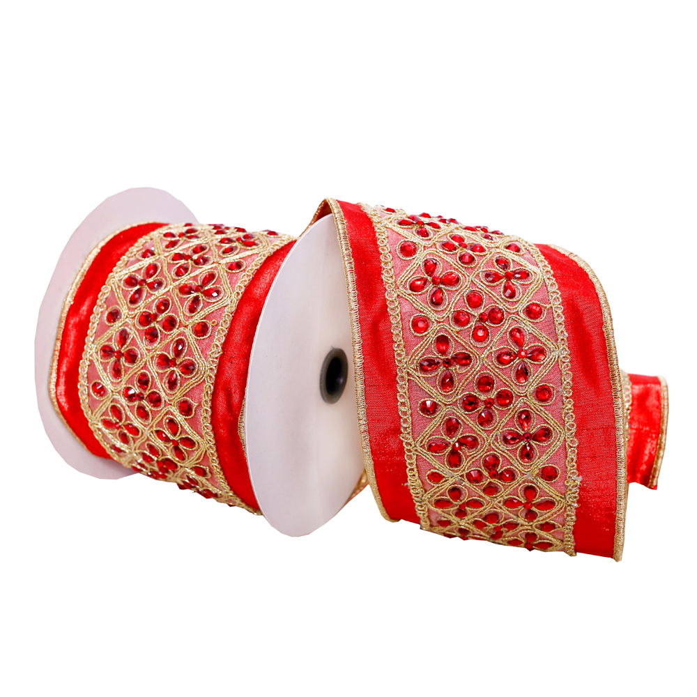 Vickerman 4"x5yd Jeweled Wired Edge Christmas Ribbon