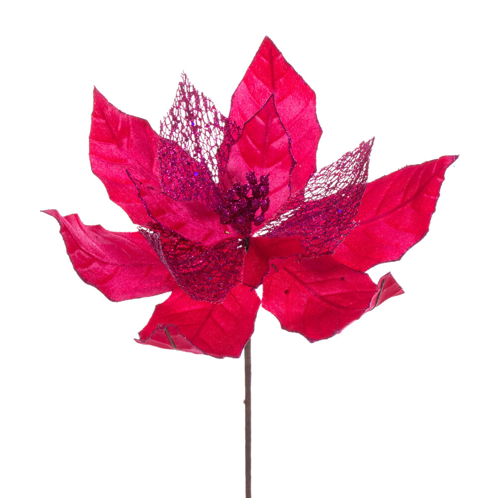 Vickerman 11" Velvet and Glitter Mesh Poinsettia Flower on Stem