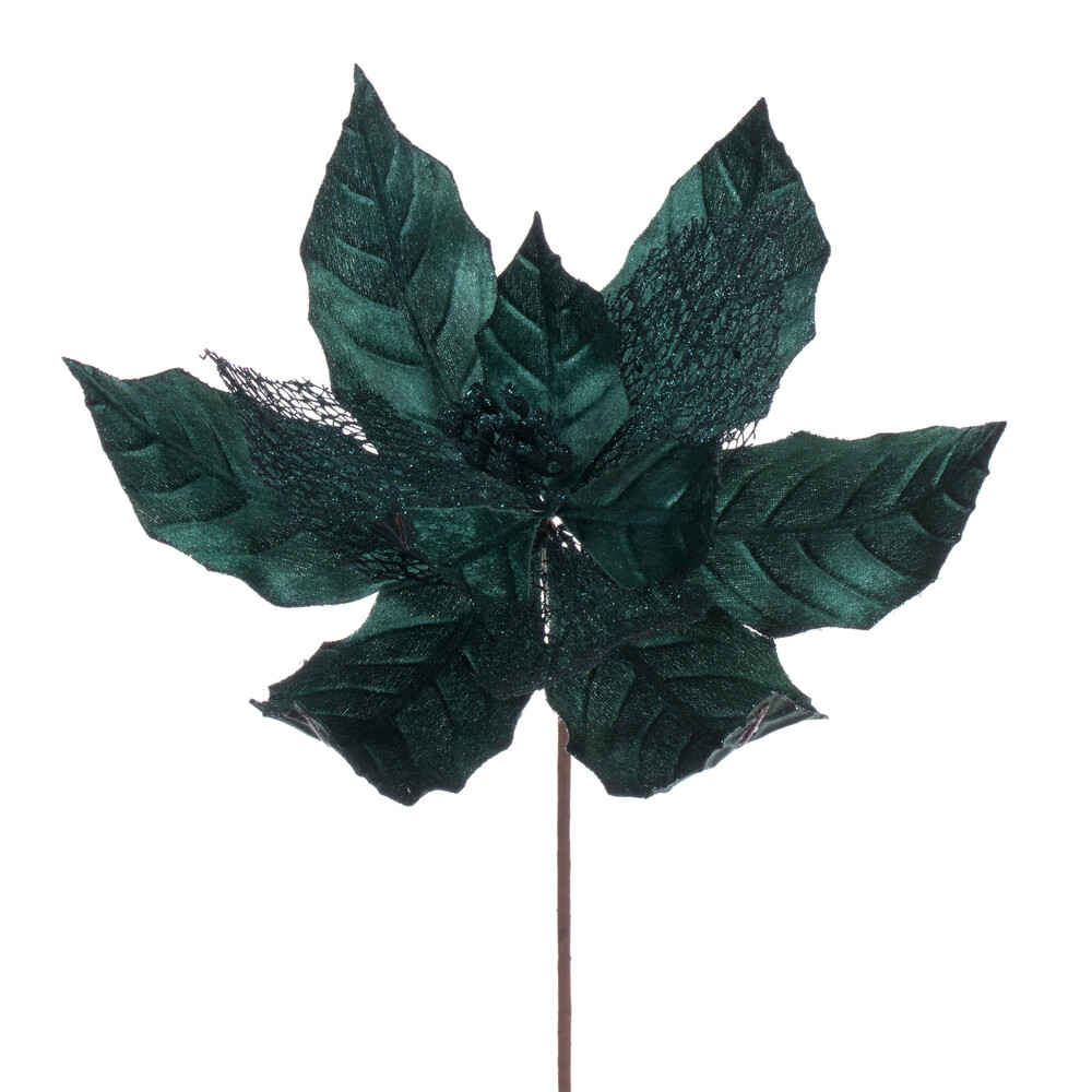 Vickerman 11" Velvet and Glitter Mesh Poinsettia Flower on Stem