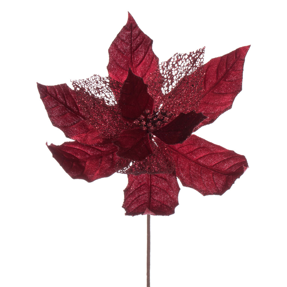 Vickerman 11" Velvet and Glitter Mesh Poinsettia Flower on Stem