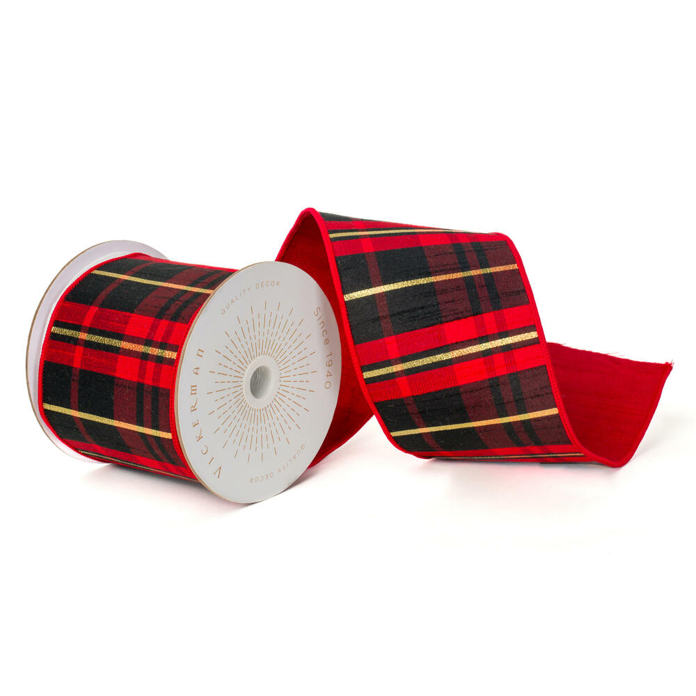 Vickerman Red, Black, and Gold Plaid with Red Dupioni Backing Ribbon