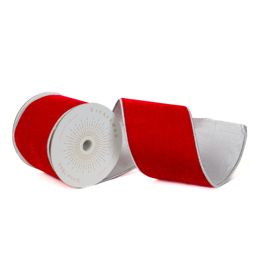 4"x10yd Red Velvet Silver Metallic Trim