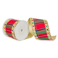 Vickerman Multicolor Traditional Plaid with Jeweled Gold Applique Center and Gold Backing Ribbon