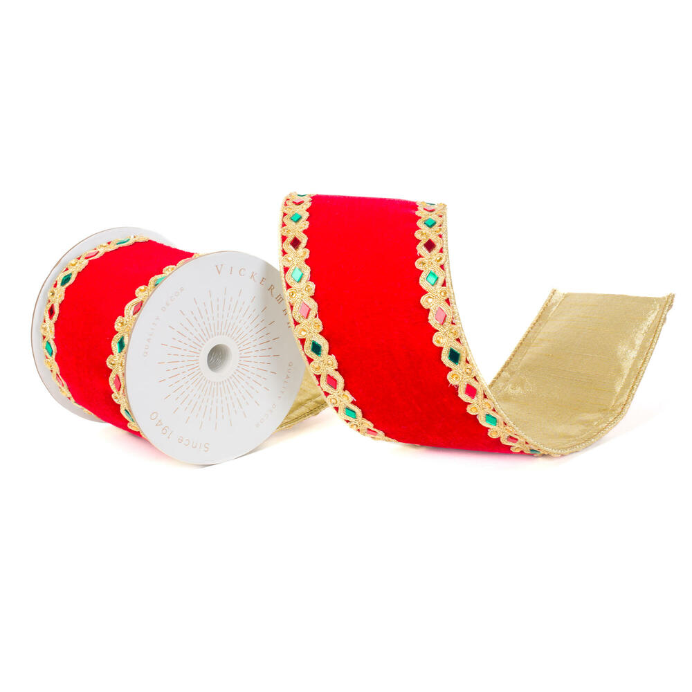 4"x10yd Red Velvet Jeweled Gold Applique