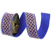 2"x5yd Blue Velvet Gold Trim Red Jewel