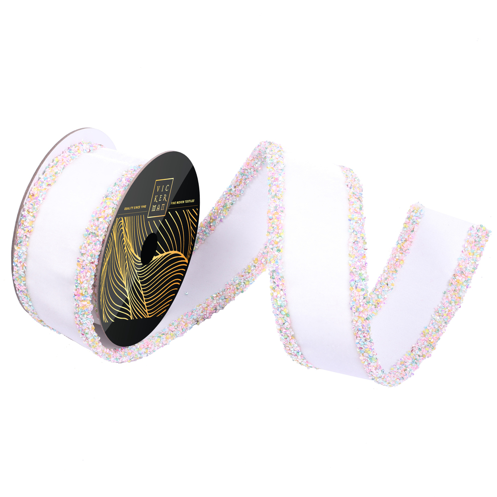 5yd White Velvet Multicolor Iridescent Sequin Trim Ribbon