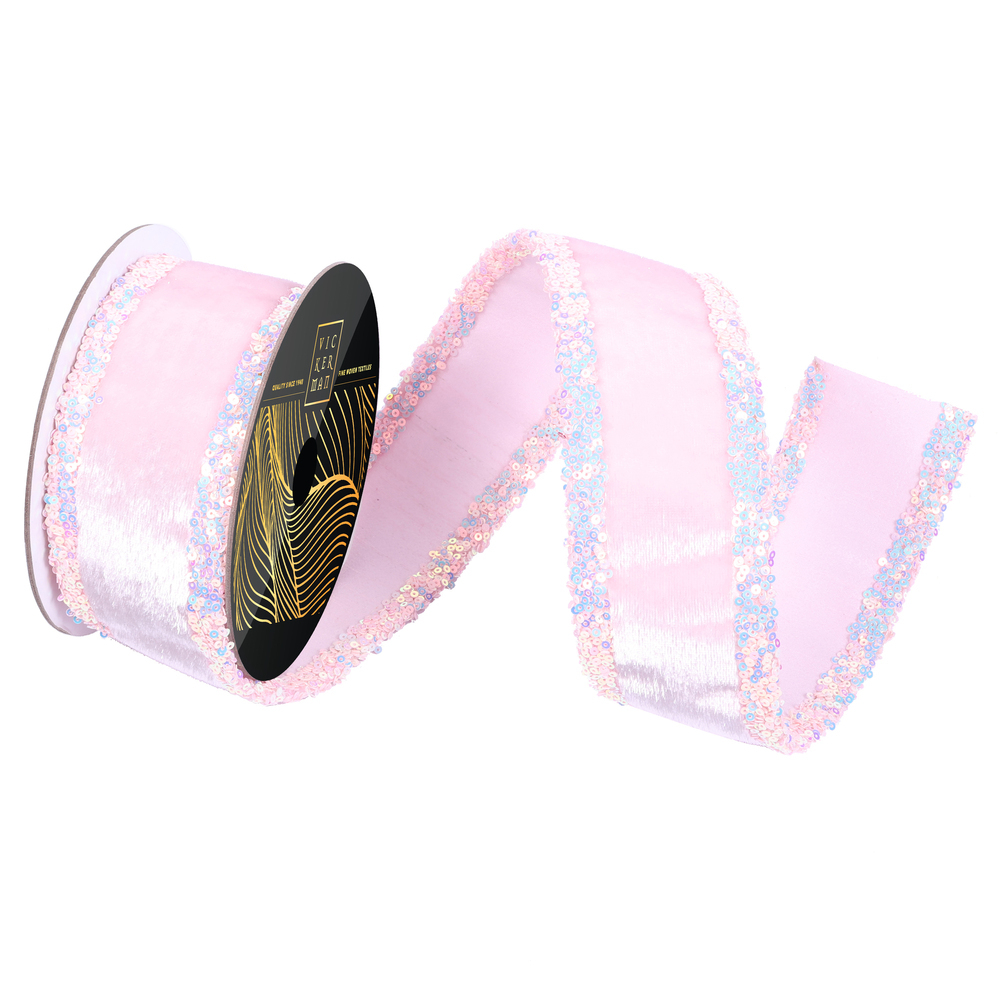 5yd Baby Pink Velvet Pink Iridescent Sequin Trim Ribbon