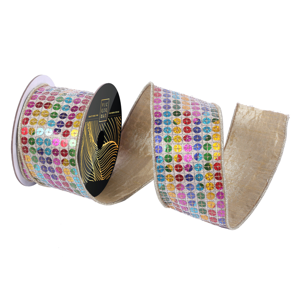 3.25inx10yd Multi Sequin Rainbow Gld Trm