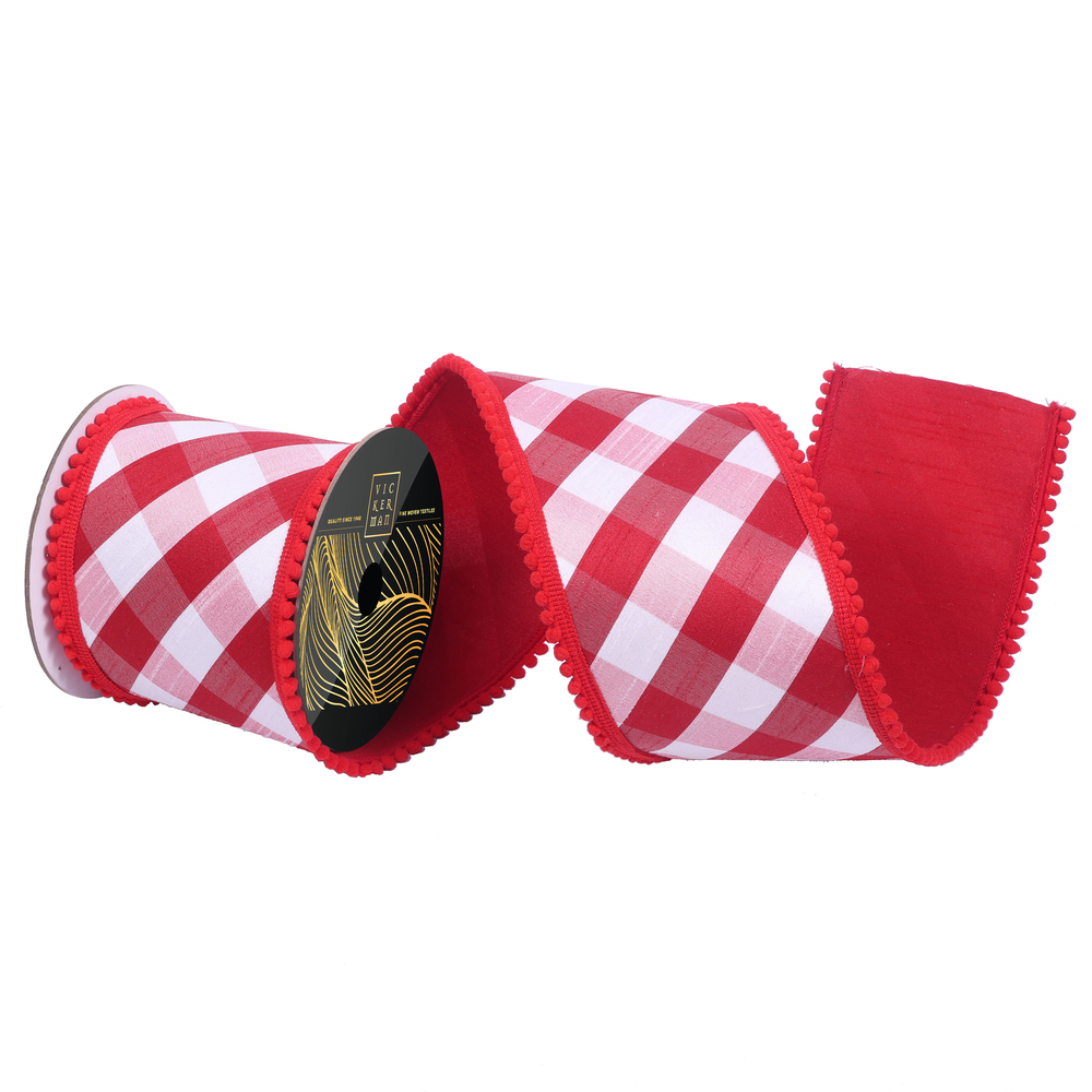 4"x10yd Buffalo Plaid Red PomPom