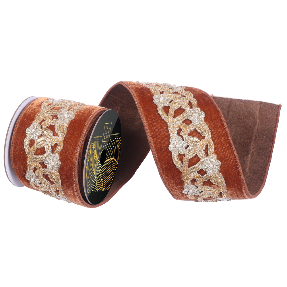 4"x5yd Mocha Velvet Champagne/Gold Bead