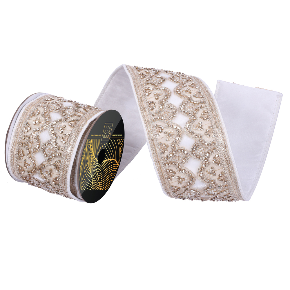 4"x5yd Velvet Champagne Sequin Jewel Pearl Ribbon