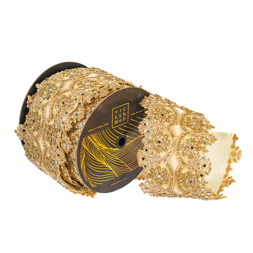 4"x10yd Scalloped Champagne Jewel Applique Ribbon