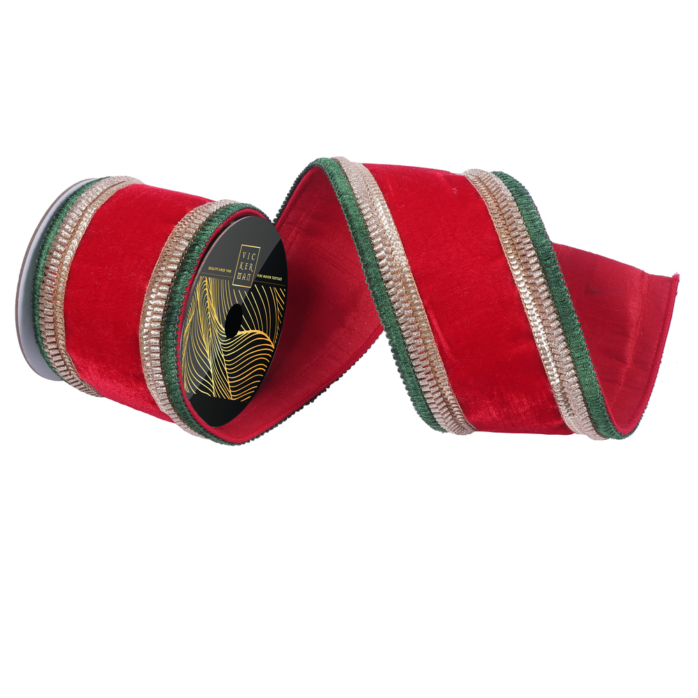 4"x5yd Red Velvet Gold/Green Lined Trim