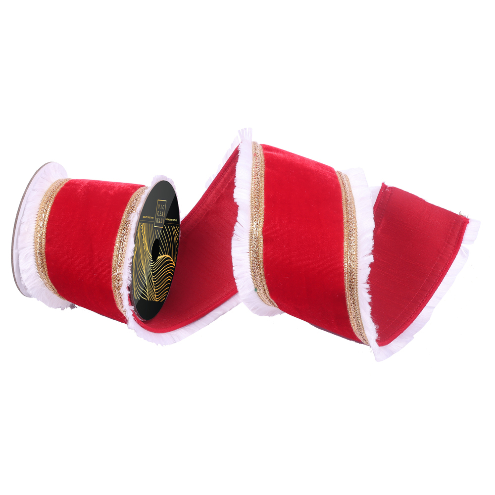 4"x10yd Red Velvt Gold Line White Fringe