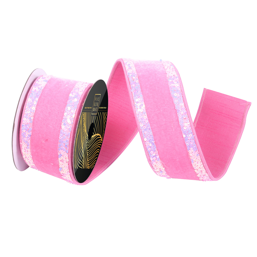 Vickerman 5yd Pink Velvet Wired Ribbon with Mini Pink Iridescent Sequin Trim