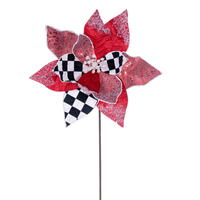 19" Red/White/Black Poinsettia Stem 4/Bg