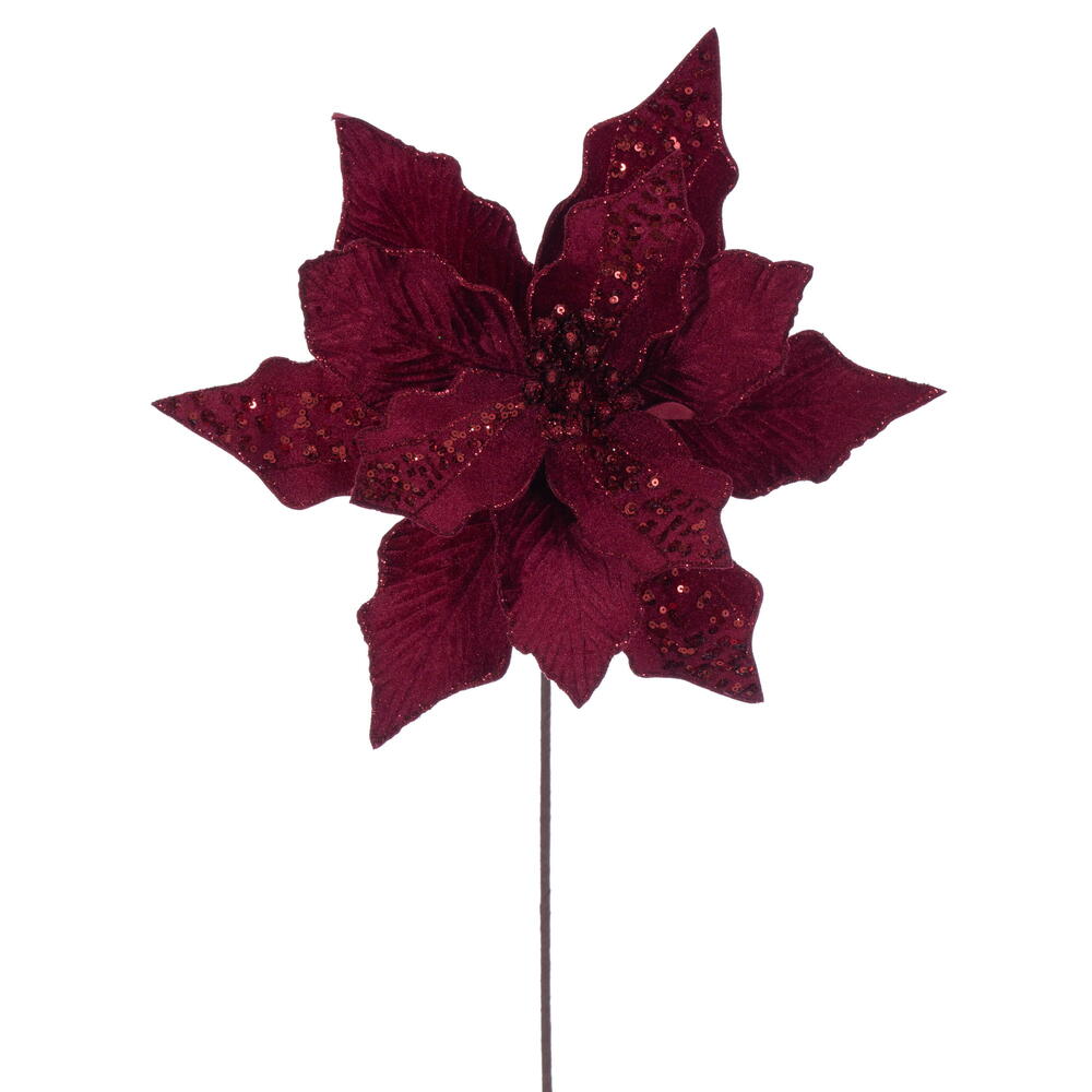 Vickerman 10" x 20" Velvet Striped Poinsettia Stem